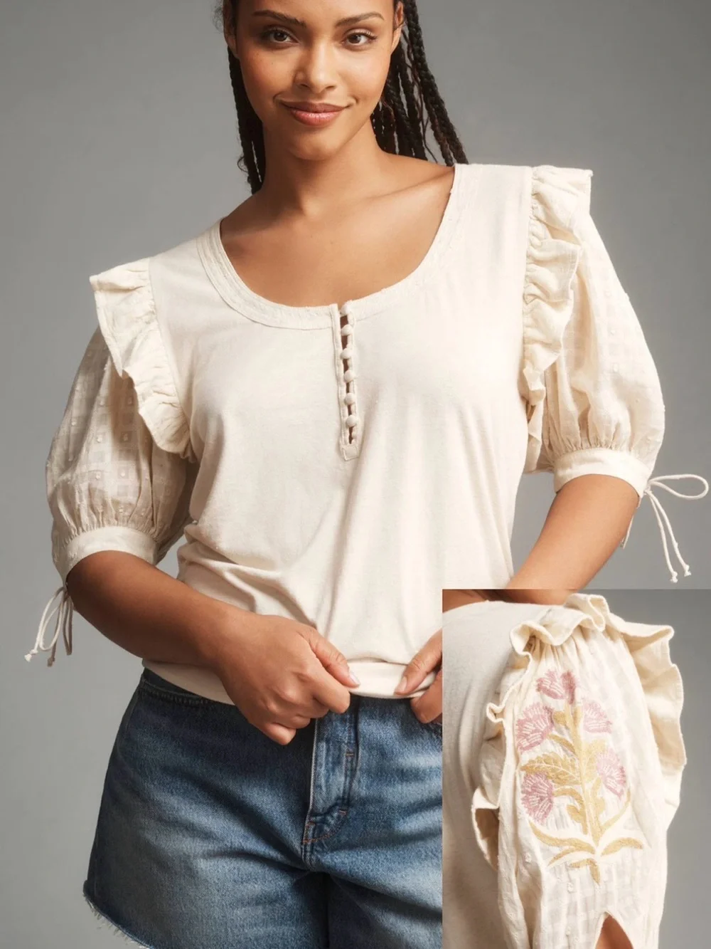 By Anthropologie Embroidered Puff-Sleeve Top